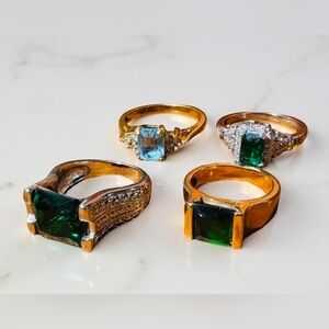 Vintage Emerald & Aquamarine Silver Tone Cocktail Rings Estate Lot Faux Gems CZ
